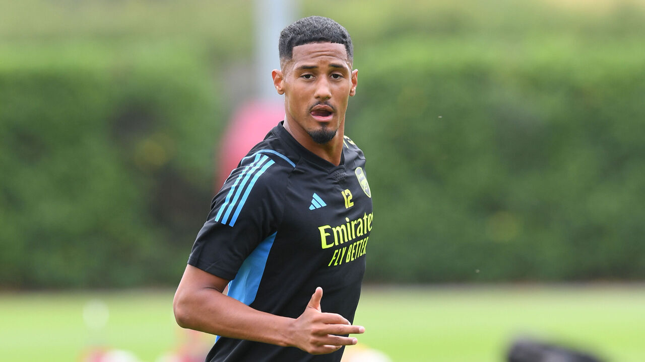 ST ALBANS, ENGLAND - JULY 04: William Saliba of Arsenal during a training session at London Colney on July 04, 2023 in St Albans, England.