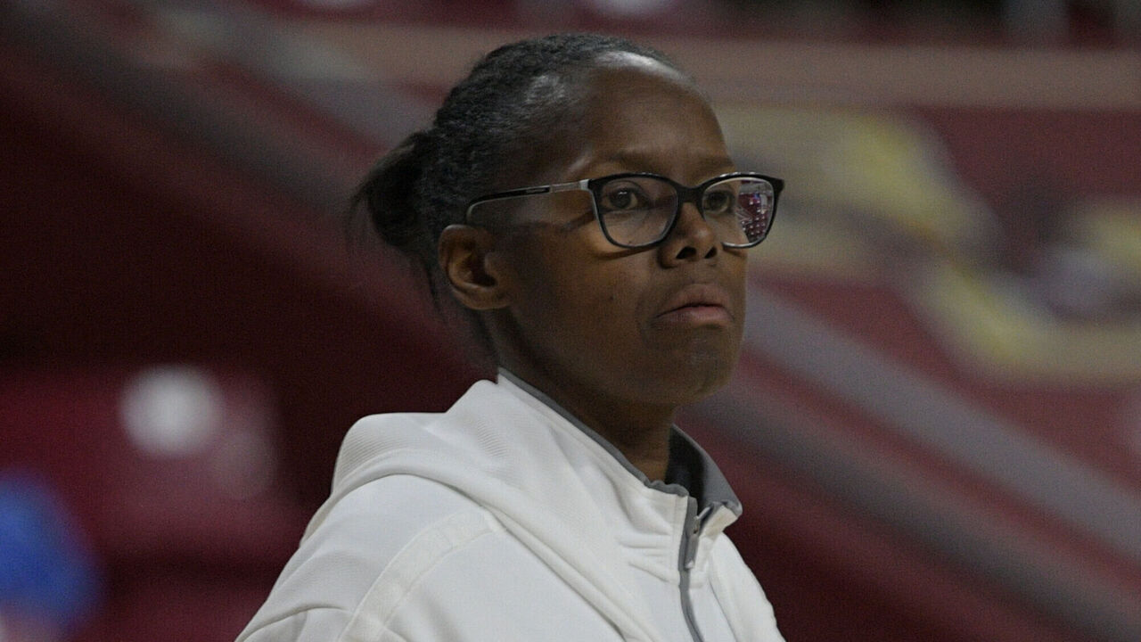 CHESTNUT HILL, MA - NOVEMBER 30: Rutgers Scarlet Knights assistant coach Nikki McCray-Penson looks on during an ACC/Big Ten Challenge women's college basketball game between the Rutgers Scarlet Knights and the Boston College Eagles on November 30, 2022, at Conte Forum in Chestnut Hill, MA.
