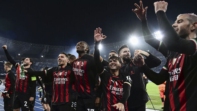 NAPLES, ITALY, APRIL 18: AC Milan players celebrate at the end of the UEFA Champions League quarterfinal, second leg soccer match between Napoli and AC Milan at the Diego Armando Maradona stadium in Naples, Italy, on April 18, 2023. AC Milan advances to the semifinal after defeating Napoli 2-1 on aggregate.