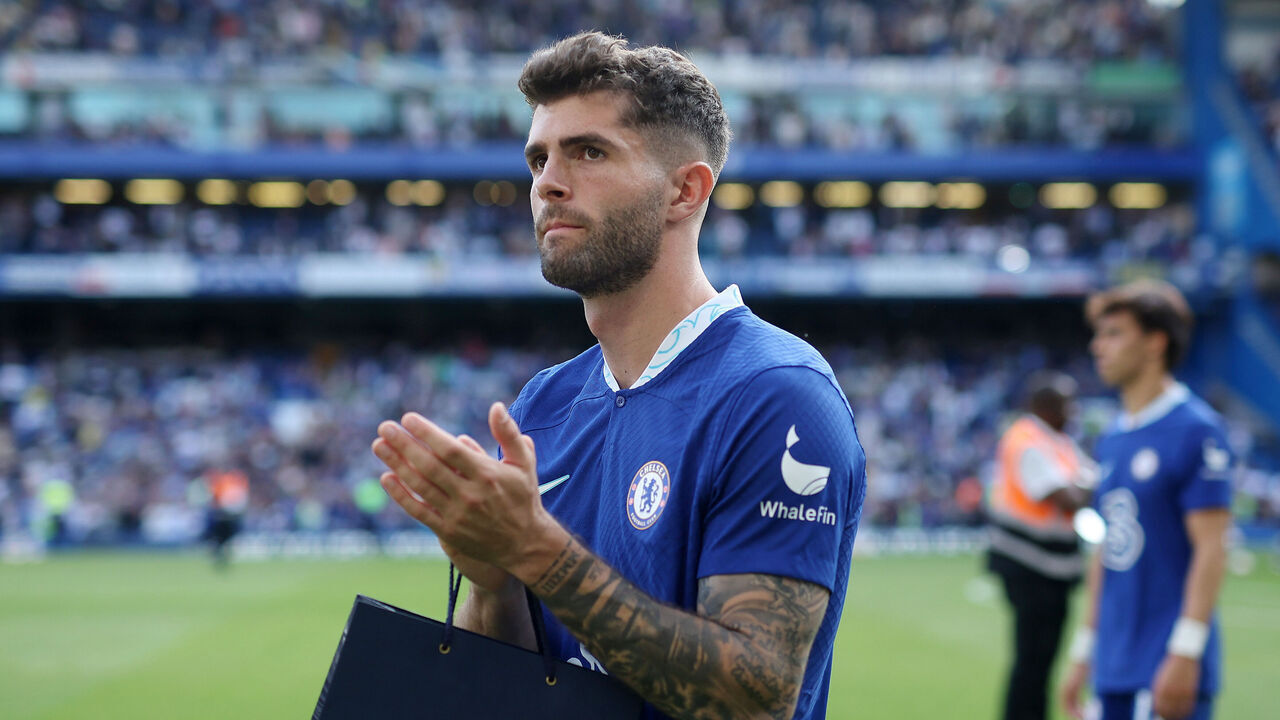 LONDON, ENGLAND - MAY 28: Christian Pulisic of Chelsea acknowledges the fans following the Premier League match between Chelsea FC and Newcastle United at Stamford Bridge on May 28, 2023 in London, England.