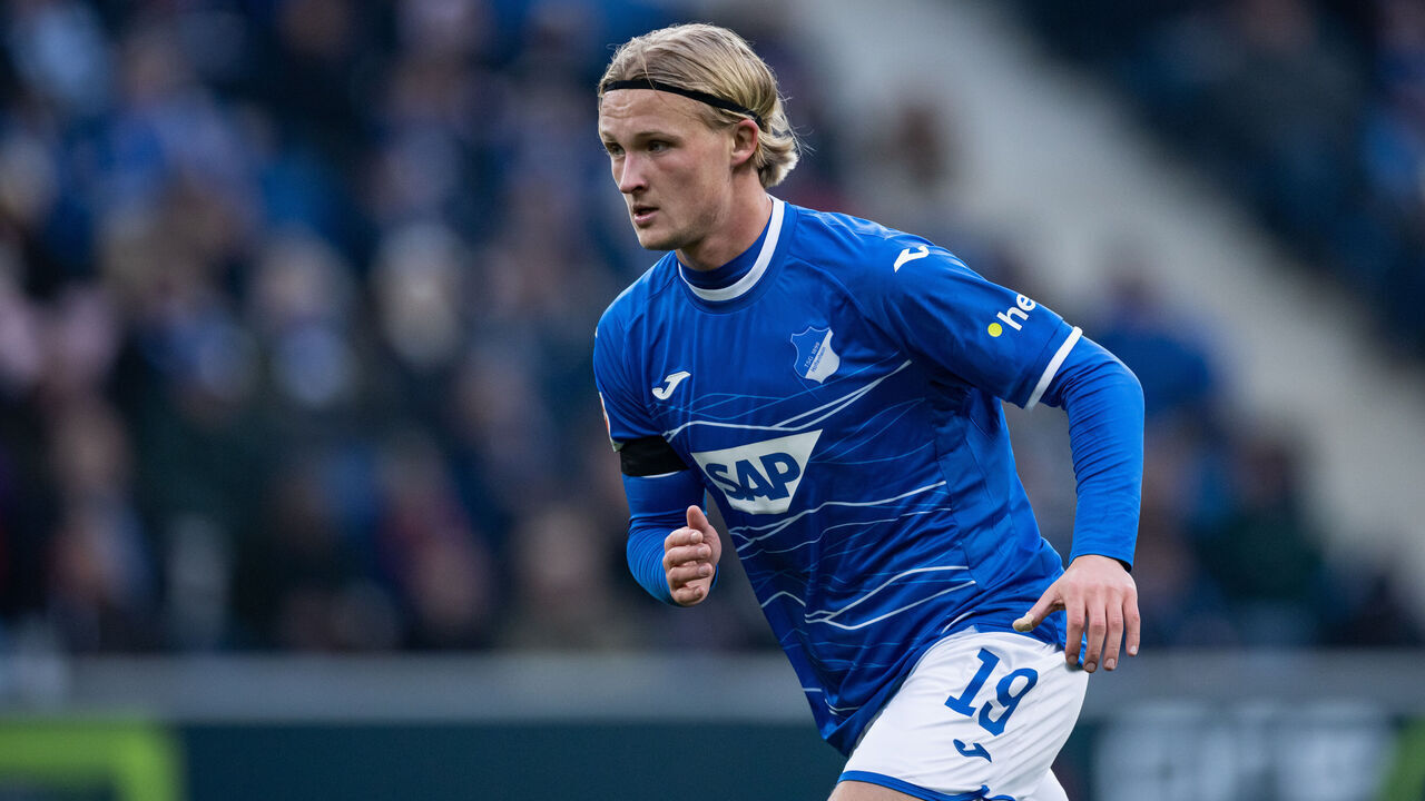 SINSHEIM, GERMANY - FEBRUARY 11: Kasper Dolberg of Hoffenheim in action during the Bundesliga match between TSG Hoffenheim and Bayer 04 Leverkusen at PreZero-Arena on February 11, 2023 in Sinsheim, Germany.