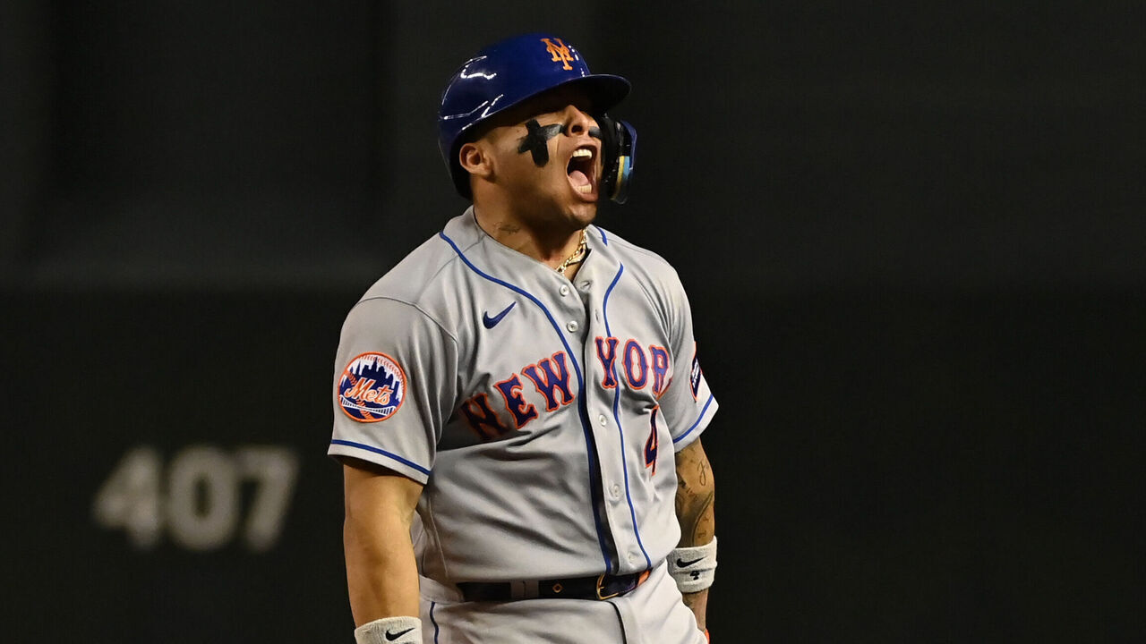 PHOENIX, ARIZONA - JULY 05: Francisco Alvarez #4 of the New York Mets reacts after hitting a solo home run against the Arizona Diamondbacks during the ninth inning at Chase Field on July 05, 2023 in Phoenix, Arizona. Mets won 2-1.