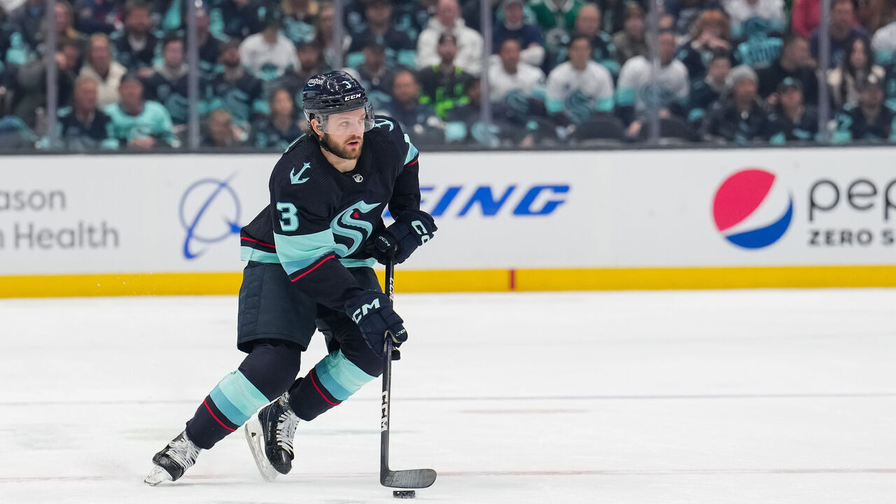 SEATTLE, WASHINGTON - MAY 09: Will Borgen #3 of the Seattle Kraken skates with the puck during the first period against the Dallas Stars in Game Four of the Second Round of the 2023 Stanley Cup Playoffs at Climate Pledge Arena on May 09, 2023 in Seattle, Washington.