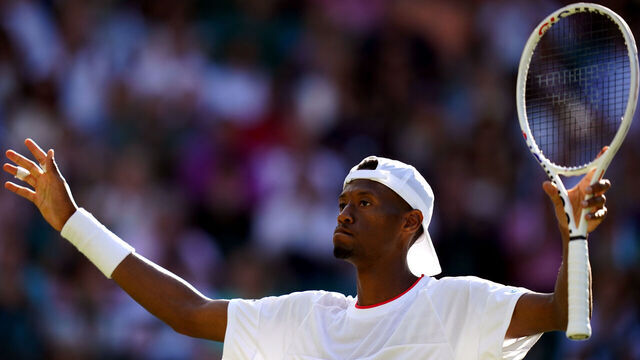 Christopher Eubanks celebrates victory over Cameron Norrie (not pictured) on day five of the 2023 Wimbledon Championships at the All England Lawn Tennis and Croquet Club in Wimbledon. Picture date: Friday July 7, 2023.