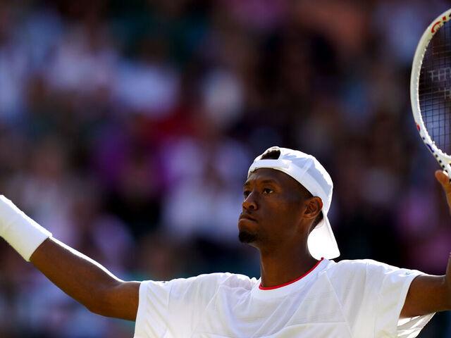 Christopher Eubanks celebrates victory over Cameron Norrie (not pictured) on day five of the 2023 Wimbledon Championships at the All England Lawn Tennis and Croquet Club in Wimbledon. Picture date: Friday July 7, 2023.