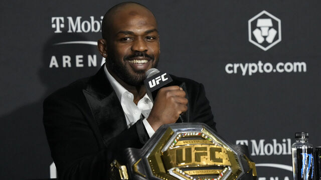 LAS VEGAS, NV - March 5: Jon Jones meets with the media following his win over Cyril Gane at T-Mobile Arena for UFC 285 -Jones vs Gane : Event on March 5, 2023 in Las Vegas, NV, United States.