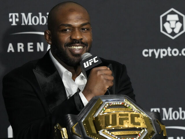 LAS VEGAS, NV - March 5: Jon Jones meets with the media following his win over Cyril Gane at T-Mobile Arena for UFC 285 -Jones vs Gane : Event on March 5, 2023 in Las Vegas, NV, United States.