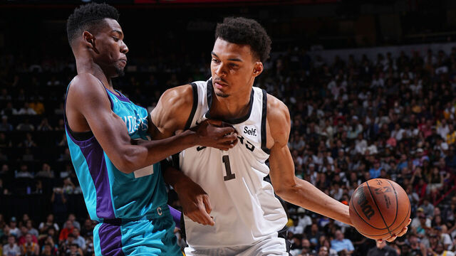 LAS VEGAS, NV - JULY 7: Victor Wembanyama #1 of the San Antonio Spurs dribbles the ball during the 2023 NBA Las Vegas Summer League against the Charlotte Hornets on July 7, 2023 at the Thomas & Mack Center in Las Vegas, Nevada. Mandatory Copyright Notice: Copyright 2023 NBAE