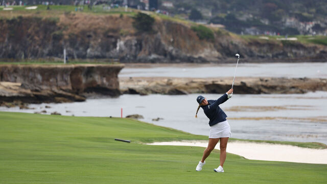 PEBBLE BEACH, CALIFORNIA - JULY 07: Bailey Tardy of the United States plays her third shot on the 18th hole during the second round of the 78th U.S. Women's Open at Pebble Beach Golf Links on July 07, 2023 in Pebble Beach, California.