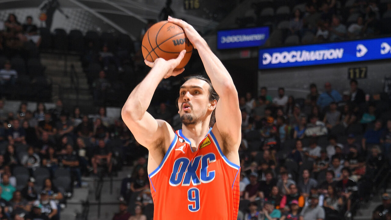 SAN ANTONIO, TX - MARCH 12: Dario Saric #9 of the Oklahoma City Thunder shoots a three point basket during the game against the San Antonio Spurs on March 12, 2023 at the AT&T Center in San Antonio, Texas. Mandatory Copyright Notice: Copyright 2023 NBAE (Photos by Michael Gonzales/NBAE via Getty Images)