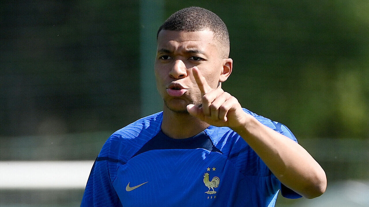 France's forward Kylian Mbappe reacts during a training session in Clairefontaine-en-Yvelines on June 14, 2023, as part of the French national team's preparations for the upcoming UEFA Euro 2024 football tournament qualifying matches. France will play against Gibraltar on June 16, 2023 and against Greece on June 19, 2023 in their UEFA Euro 2024 Group B Qualification matches.