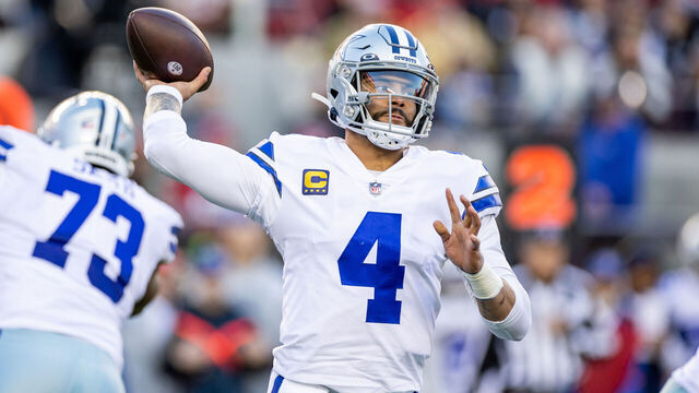 SANTA CLARA, CA - JANUARY 22: Dallas Cowboys quarterback Dak Prescott (4) throws a pass during the NFL NFC Divisional Playoff game between the Dallas Cowboys and San Francisco 49ers at Levis Stadium in Santa Clara, CA.