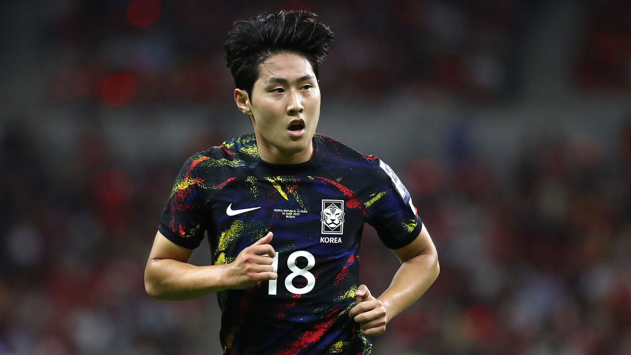 BUSAN, SOUTH KOREA - JUNE 16: Lee Kang-In of South Korea in action during the international friendly match between South Korea and Peru at Busan Asiad Stadium on June 16, 2023 in Busan, South Korea.
