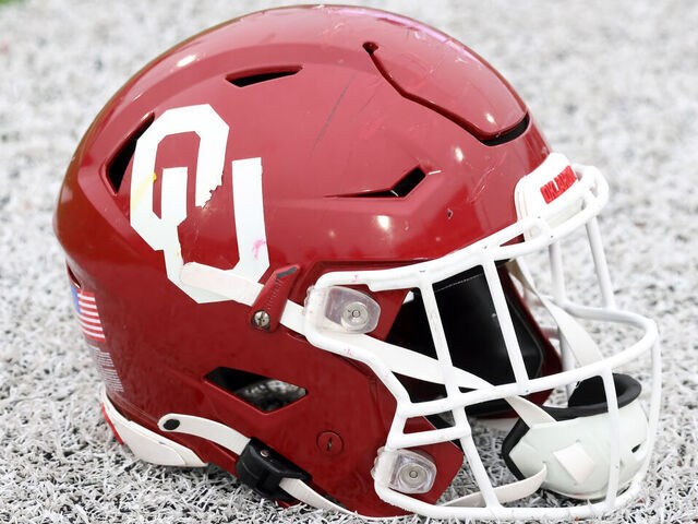 MOBILE, AL - FEBRUARY 02: A general view of an Oklahoma Sooners helmet during the Reese's Senior Bowl team practice session on February 2, 2023 at Hancock Whitney Stadium in Mobile, Alabama.