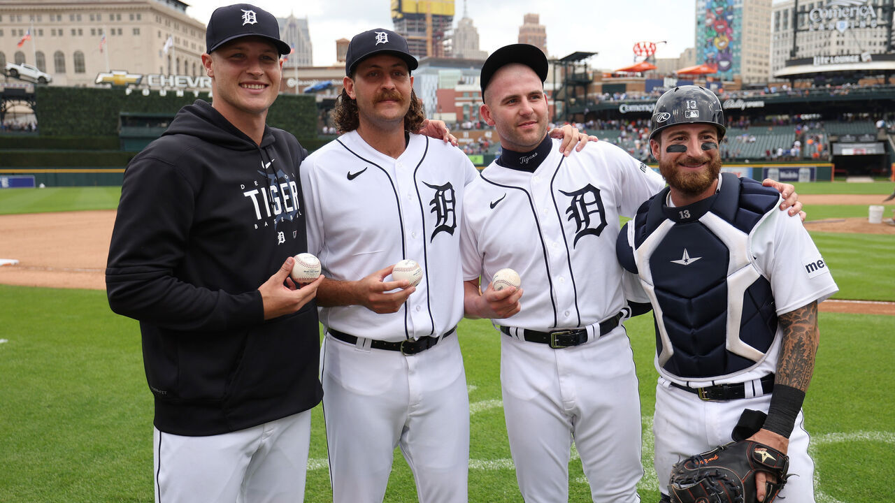 DETROIT, MICHIGAN - JULY 08: From left to right Matt Manning #25, Jason Foley #68 and Alex Lange #55 of the Detroit Tigers celebrate their combined no hitter against the Toronto Blue Jays along with their catcher Eric Haase #13 at Comerica Park on July 08, 2023 in Detroit, Michigan.