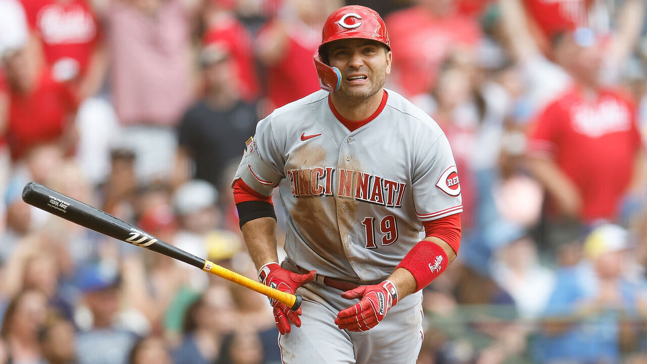 MILWAUKEE, WISCONSIN - JULY 08: Joey Votto #19 of the Cincinnati Reds hits a three-run home run to right field in the fourth inning against the Milwaukee Brewers at American Family Field on July 08, 2023 in Milwaukee, Wisconsin.