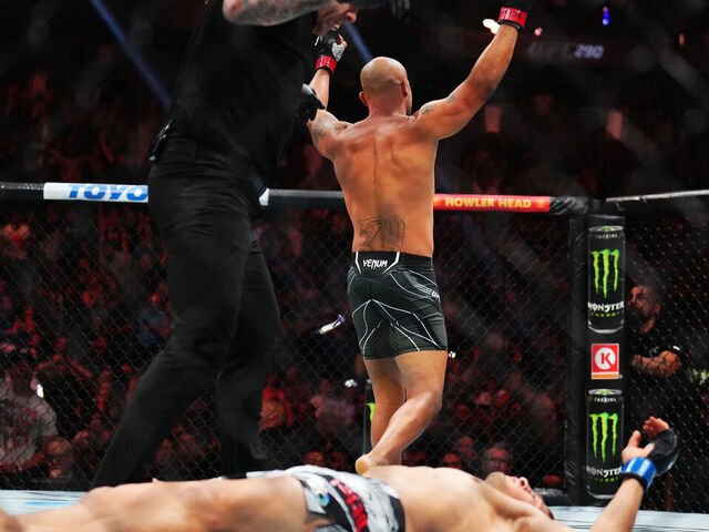 LAS VEGAS, NEVADA - JULY 08: Robbie Lawler reacts to his knock out of Niko Price in a welterweight fight during the UFC 290 event at T-Mobile Arena on July 08, 2023 in Las Vegas, Nevada.
