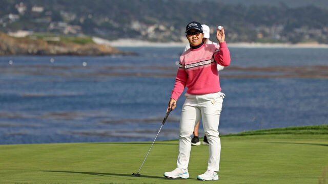 PEBBLE BEACH, CALIFORNIA - JULY 08: Nasa Hataoka of Japan waves on the 18th green during the third round of the 78th U.S. Women's Open at Pebble Beach Golf Links on July 08, 2023 in Pebble Beach, California.