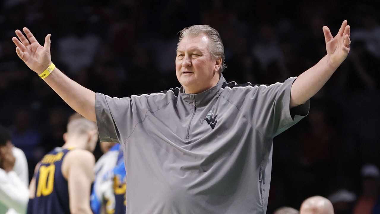BIRMINGHAM, ALABAMA - MARCH 16: Head coach Bob Huggins of the West Virginia Mountaineers reacts during the second half against the Maryland Terrapins in the first round of the NCAA Men's Basketball Tournament at Legacy Arena at the BJCC on March 16, 2023 in Birmingham, Alabama.
