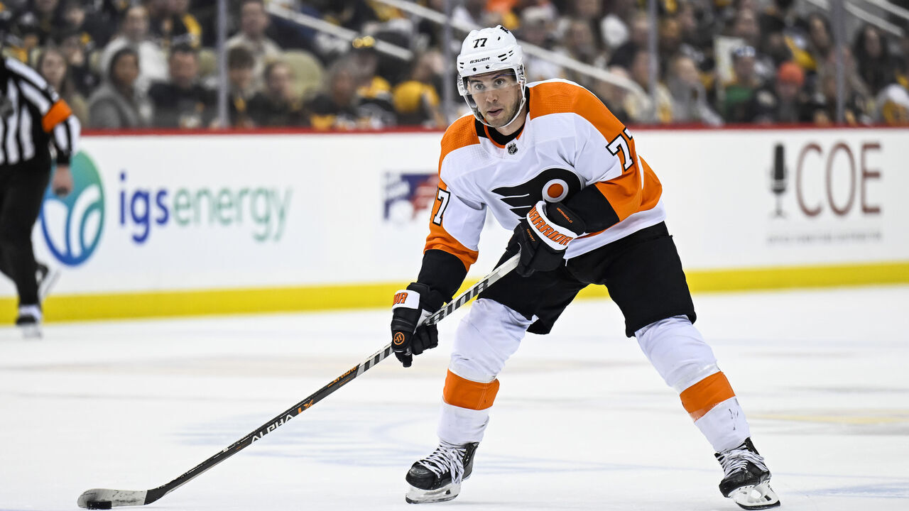 PITTSBURGH, PA - APRIL 02: Philadelphia Flyers Defenseman Tony DeAngelo (77) skates with the puck during the second period in the NHL game between the Pittsburgh Penguins and the Philadelphia Flyers on April 2, 2023, at PPG Paints Arena in Pittsburgh, PA.