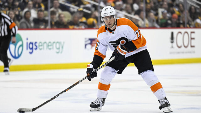 PITTSBURGH, PA - APRIL 02: Philadelphia Flyers Defenseman Tony DeAngelo (77) skates with the puck during the second period in the NHL game between the Pittsburgh Penguins and the Philadelphia Flyers on April 2, 2023, at PPG Paints Arena in Pittsburgh, PA.