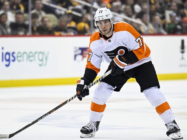PITTSBURGH, PA - APRIL 02: Philadelphia Flyers Defenseman Tony DeAngelo (77) skates with the puck during the second period in the NHL game between the Pittsburgh Penguins and the Philadelphia Flyers on April 2, 2023, at PPG Paints Arena in Pittsburgh, PA.