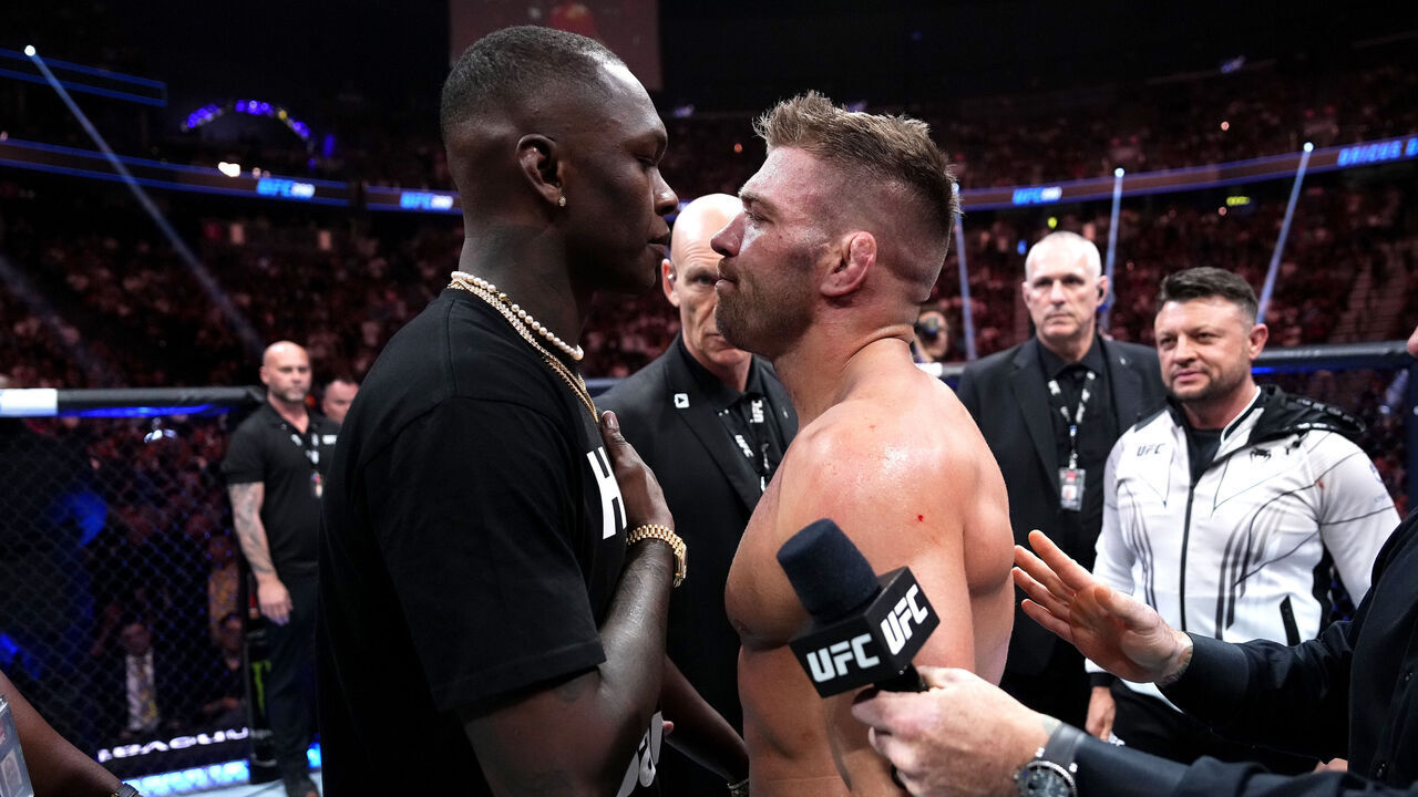 LAS VEGAS, NEVADA - JULY 08: UFC middleweight champion Israel Adesanya faces off against Dricus Du Plessis of South Africa during the UFC 290 event at T-Mobile Arena on July 08, 2023 in Las Vegas, Nevada.