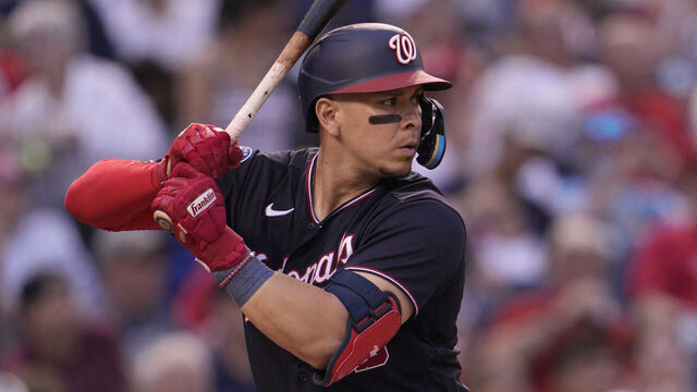 WASHINGTON, DC - JULY 03: Joey Meneses #45 of the Washington Nationals bats against the Cincinnati Reds during the sixth inning at Nationals Park on July 03, 2023 in Washington, DC.