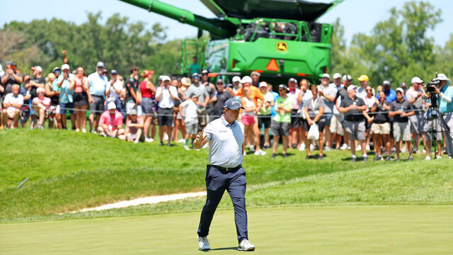 SILVIS, ILLINOIS - JULY 09: Sepp Straka of Austria reacts to a birdie putt on the ninth green during the final round of the John Deere Classic at TPC Deere Run on July 09, 2023 in Silvis, Illinois.