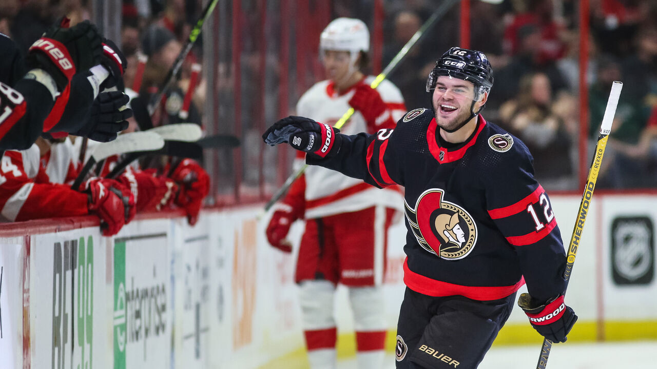 OTTAWA, CANADA - FEBRUARY 28: Alex DeBrincat #12 of the Ottawa Senators celebrates his first period goal against the Detroit Red Wings at Canadian Tire Centre on February 28, 2023 in Ottawa, Ontario, Canada.