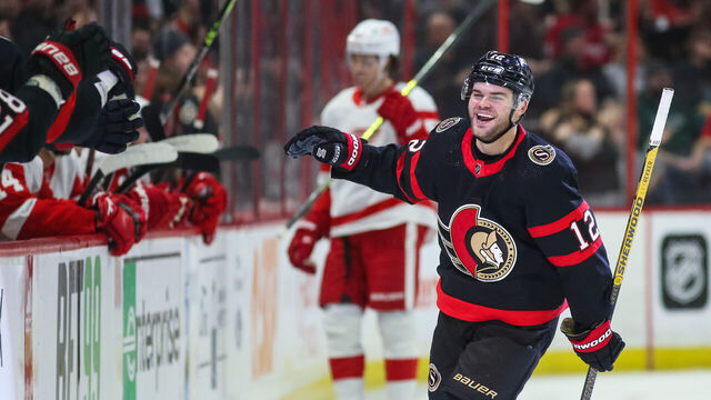 OTTAWA, CANADA - FEBRUARY 28: Alex DeBrincat #12 of the Ottawa Senators celebrates his first period goal against the Detroit Red Wings at Canadian Tire Centre on February 28, 2023 in Ottawa, Ontario, Canada.