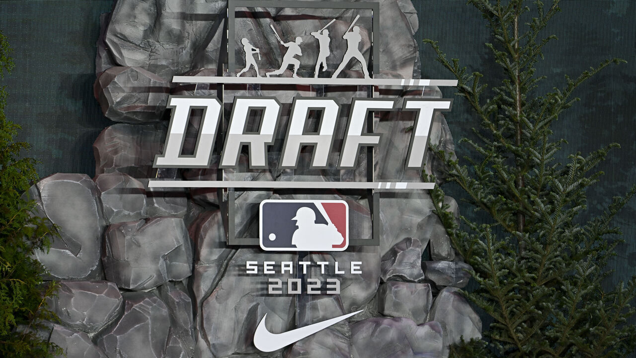 SEATTLE, WASHINGTON - JULY 09: A view of the draft stage before the 2023 MLB Draft at Lumen Field on July 09, 2023 in Seattle, Washington.