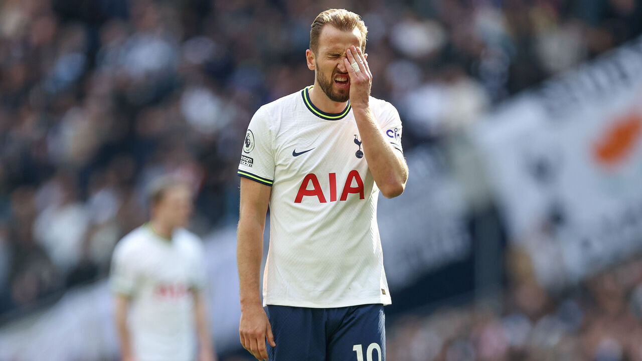LONDON, ENGLAND - APRIL 15: Harry Kane of Tottenham Hotspur reacts after a missed chance during the Premier League match between Tottenham Hotspur and AFC Bournemouth at Tottenham Hotspur Stadium on April 15, 2023 in London, United Kingdom.