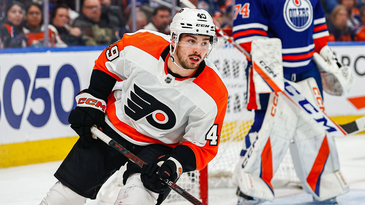 EDMONTON, AB - FEBRUARY 21: Philadelphia Flyers Center Noah Cates (49) skates up ice in the second period of the Edmonton Oilers game versus the Philadelphia Flyers on February 21, 2023 at Rogers Place in Edmonton, AB.