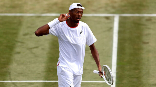LONDON, ENGLAND - JULY 10: Christopher Eubanks of United States celebrates against Stefanos Tsitsipas of Greece in the Men's Singles fourth round match during day eight of The Championships Wimbledon 2023 at All England Lawn Tennis and Croquet Club on July 10, 2023 in London, England.