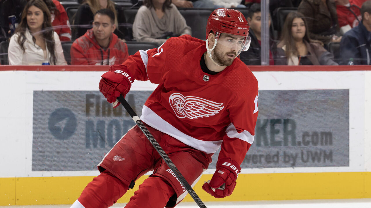 DETROIT, MI - NOVEMBER 05: Filip Zadina #11 of the Detroit Red Wings turns up ice against the New York Islanders during the third period of an NHL game at Little Caesars Arena on November 5, 2022 in Detroit, Michigan. Detroit defeated the Islanders 3-0.