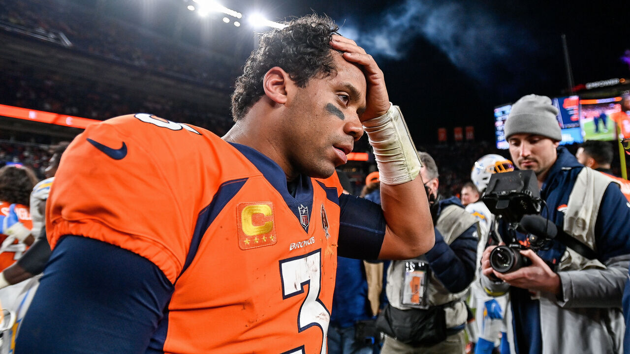 DENVER, CO - JANUARY 8: Denver Broncos quarterback Russell Wilson (3) on the field after a win against the Los Angeles Chargers after a game at Empower Field at Mile High on January 8, 2023 in Denver, Colorado.