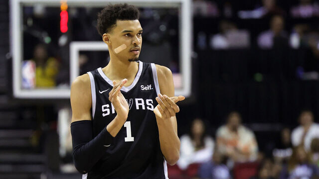 LAS VEGAS, NEVADA - JULY 09: Victor Wembanyama #1 of the San Antonio Spurs claps his hands as he walks on the court during a break in the second half of a 2023 NBA Summer League game against the Portland Trail Blazers at the Thomas & Mack Center on July 09, 2023 in Las Vegas, Nevada.