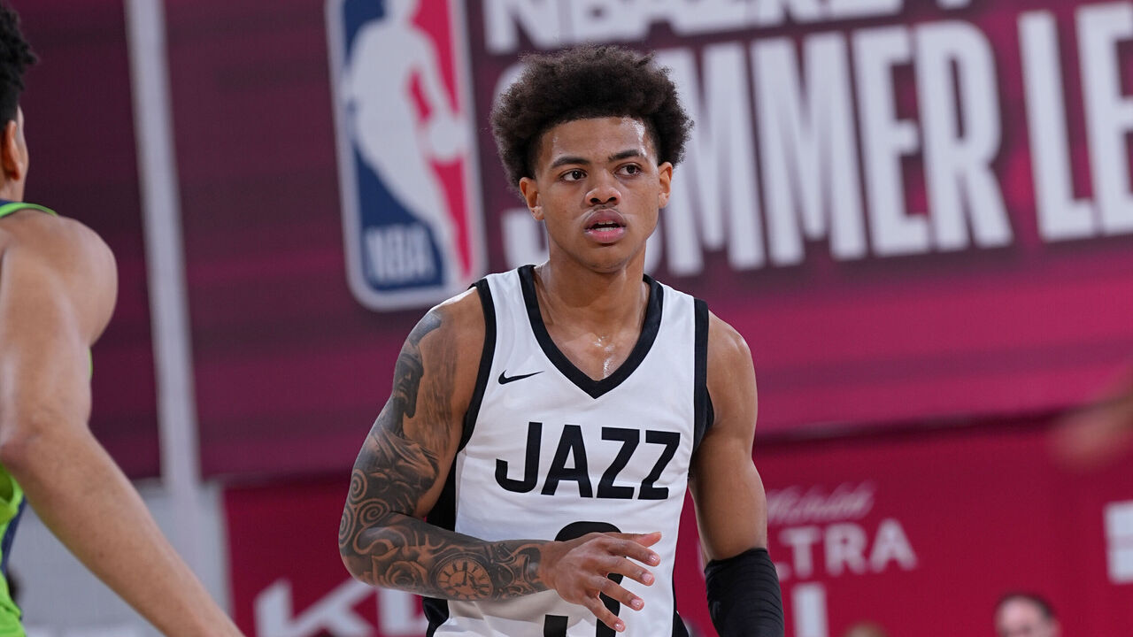 LAS VEGAS, NV - JULY 10: Keyonte George #3 of the Utah Jazz dribbles the ball during the game against the Minnesota Timberwolves during the 2023 NBA Las Vegas Summer League on July 10, 2023 at the Cox Pavilion in Las Vegas, Nevada. Mandatory Copyright Notice: Copyright 2023 NBAE
