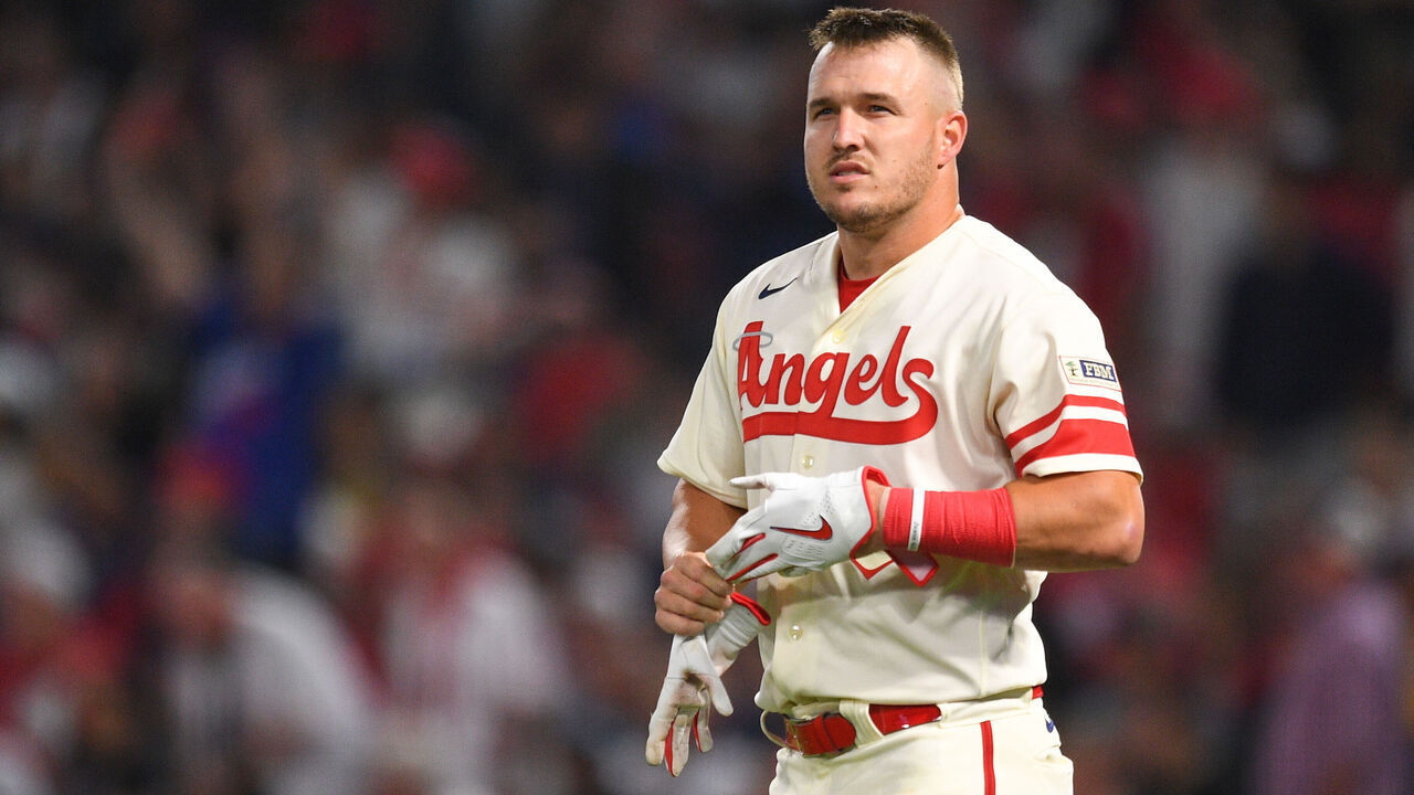 ANAHEIM, CA - JULY 01: Los Angeles Angels center fielder Mike Trout (27) looks on after striking out to end the 8th inning of the MLB game between the Arizona Diamondbacks and the Los Angeles Angels of Anaheim on July 1, 2023 at Angel Stadium of Anaheim in Anaheim, CA.