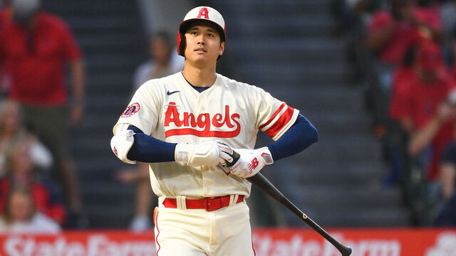 ANAHEIM, CA - JULY 01: Los Angeles Angels designated hitter Shohei Ohtani (17) looks on during the MLB game between the Arizona Diamondbacks and the Los Angeles Angels of Anaheim on July 1, 2023 at Angel Stadium of Anaheim in Anaheim, CA.