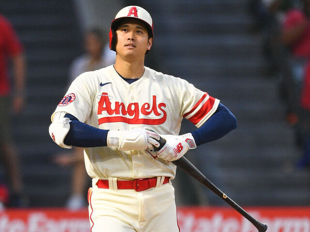 ANAHEIM, CA - JULY 01: Los Angeles Angels designated hitter Shohei Ohtani (17) looks on during the MLB game between the Arizona Diamondbacks and the Los Angeles Angels of Anaheim on July 1, 2023 at Angel Stadium of Anaheim in Anaheim, CA.