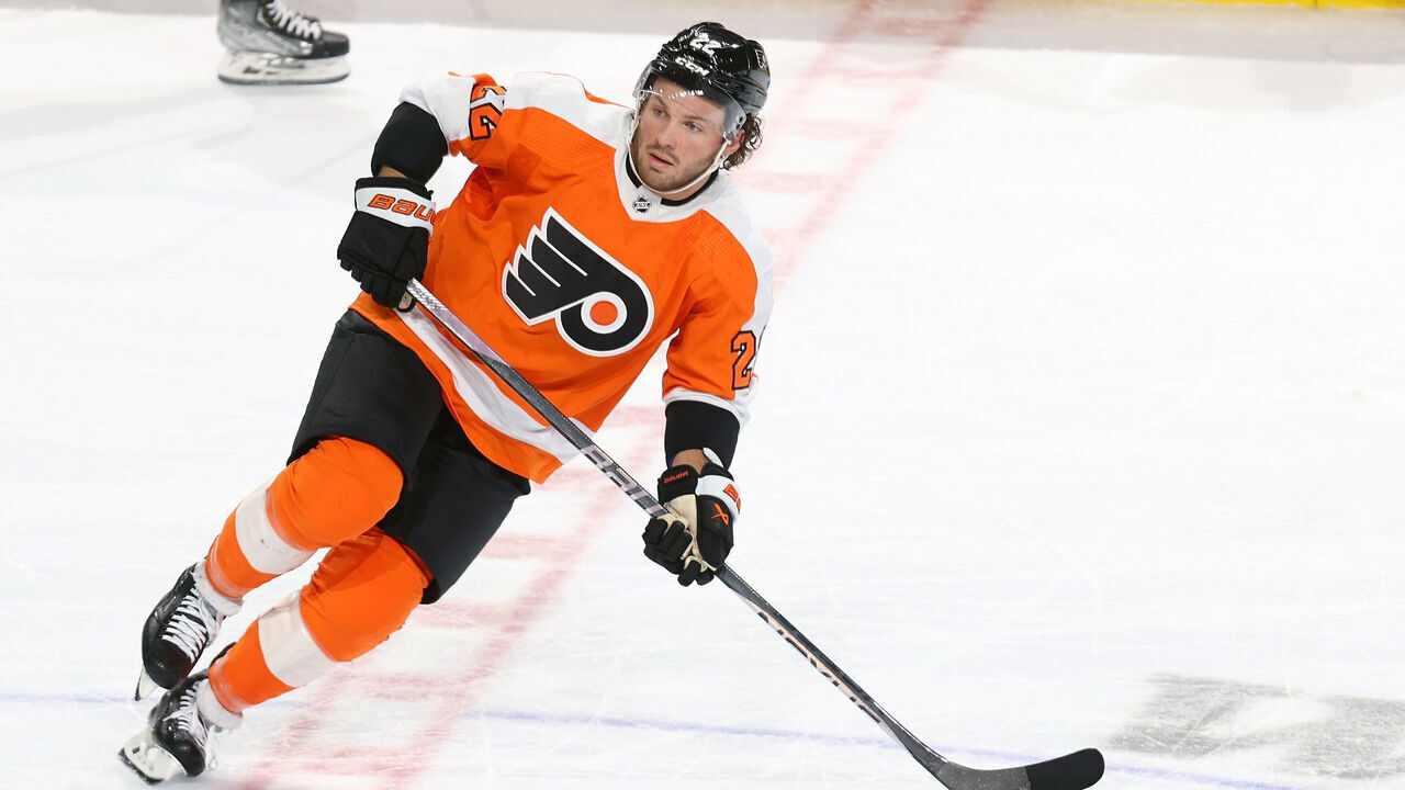 PHILADELPHIA, PENNSYLVANIA - APRIL 11: Brendan Lemieux #22 of the Philadelphia Flyers skates against the Columbus Blue Jackets at the Wells Fargo Center on April 11, 2023 in Philadelphia, Pennsylvania.
