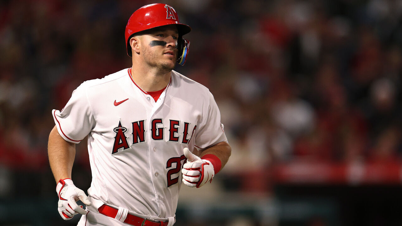 ANAHEIM, CALIFORNIA - APRIL 07: Mike Trout #27 of the Los Angeles Angels reacts to his flyball out during a 4-3 loss to the Toronto Blue Jays in the 2023 home opener at Angel Stadium of Anaheim on April 07, 2023 in Anaheim, California.
