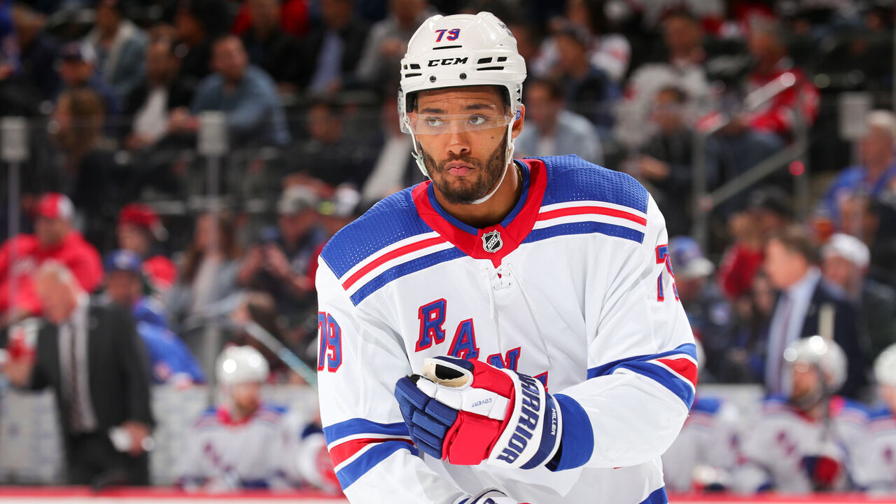 NEWARK, NJ - APRIL 20: K'Andre Miller #79 of the New York Rangers during Game Two of the First Round of the 2023 Stanley Cup Playoffs at the Prudential Center on April 20, 2023 in Newark, New Jersey.