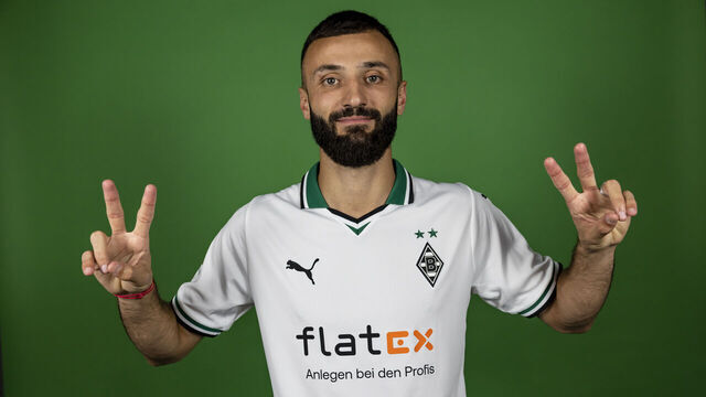 MOENCHENGLADBACH, GERMANY - JULY 11: Franck Honorat pose after signing a contract for Borussia Moenchengladbach at Borussia-Park on July 11, 2023 in Moenchengladbach, Germany.