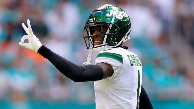 MIAMI GARDENS, FLORIDA - JANUARY 08: Sauce Gardner #1 of the New York Jets looks on against the Miami Dolphins during the first half of the game at Hard Rock Stadium on January 08, 2023 in Miami Gardens, Florida.