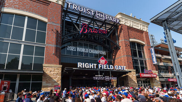 ATLANTA, GA - MAY 25: Fans line up outside Truist Park for the Outkast bobblehead give away before the game between the Atlanta Braves and the Philadelphia Phillies at Truist Park on May 25, 2023 in Atlanta, Georgia.