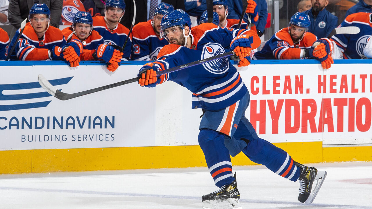 EDMONTON, CANADA - MAY 14 Evan Bouchard #2 of the Edmonton Oilers shoots against the Vegas Golden Knights in Game Six of the Second Round of the 2023 Stanley Cup Playoffs at Rogers Place on May 14, 2023, in Edmonton, Alberta, Canada.