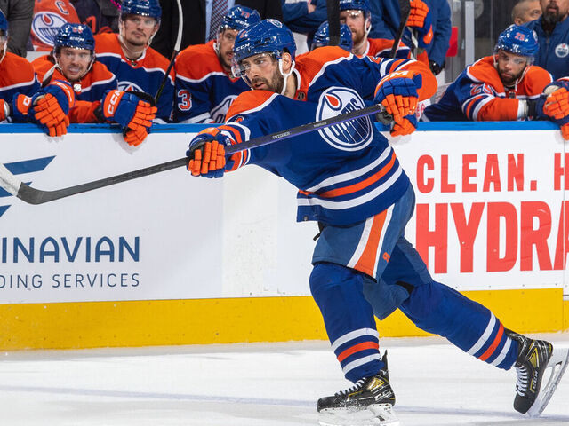 EDMONTON, CANADA - MAY 14 Evan Bouchard #2 of the Edmonton Oilers shoots against the Vegas Golden Knights in Game Six of the Second Round of the 2023 Stanley Cup Playoffs at Rogers Place on May 14, 2023, in Edmonton, Alberta, Canada.